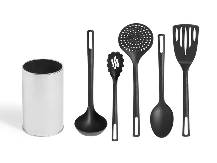Kinvara Set de 5 Utensilios de Cocina con Soporte, Acero y Plástico PBT, Color Gris/Negro, Dimensiones 12.5x30x12.5 cm, Apto para Lavavajillas (Set de 12)