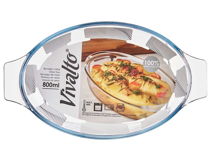 Vivalto Bandeja Ovalada de Borosilicato con Asas, 800 ml, Transparente, 27x4.5x15.8 cm (Set de 18) Vivalto Bandeja Ovalada de Borosilicato con Asas, 800 ml, Transparente, 27x4.5x15.8 cm (Set de 18)