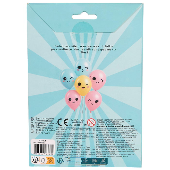 Party Time Juego de 10 Globos Kawaii con Pegatinas - Colores Surtidos (Azul, Rosa, Amarillo) - 20cm de Altura