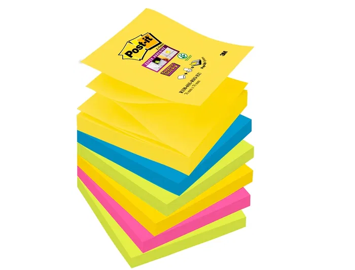 Post-it Bloc de Notas Adhesivas Super Sticky 76x76 mm, 90 Hojas por Bloc, Pack de 6, Colores Surtidos