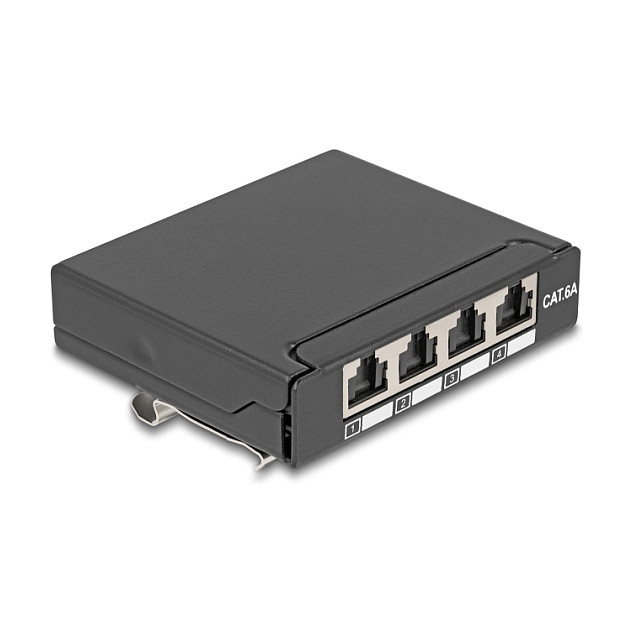 DeLOCK 90378 Panel de Conexión Mini de Escritorio 4 Puertos RJ45 Cat.6A Blindado Negro para Montaje en Mesa, Pared o Riel DIN DeLOCK 90378 Panel de Conexión Mini de Escritorio 4 Puertos RJ45 Cat.6A Blindado Negro para Montaje en Mesa, Pared o Riel DIN