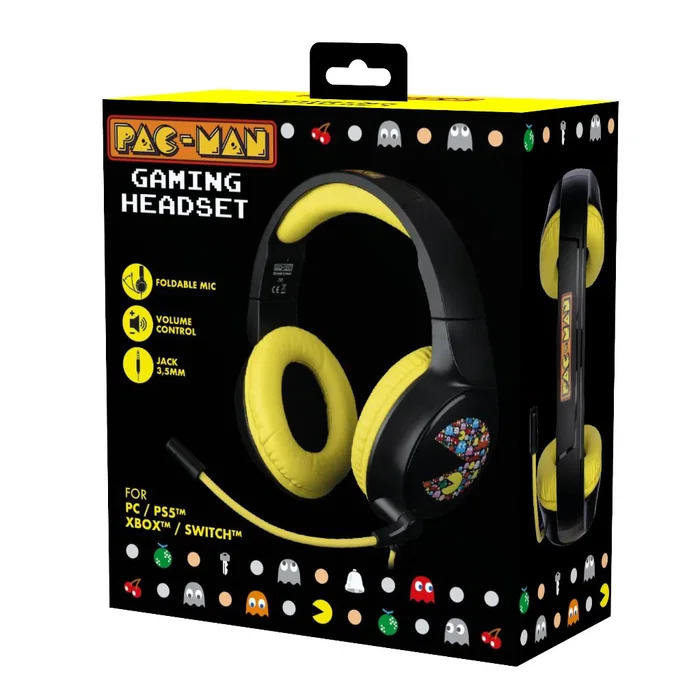 Konix PacMan Auriculares Diadema Gaming con USB Tipo A para PC, PS4, PS5, Xbox One, Xbox X - Cable Boom Extraíble - Negro y Amarillo