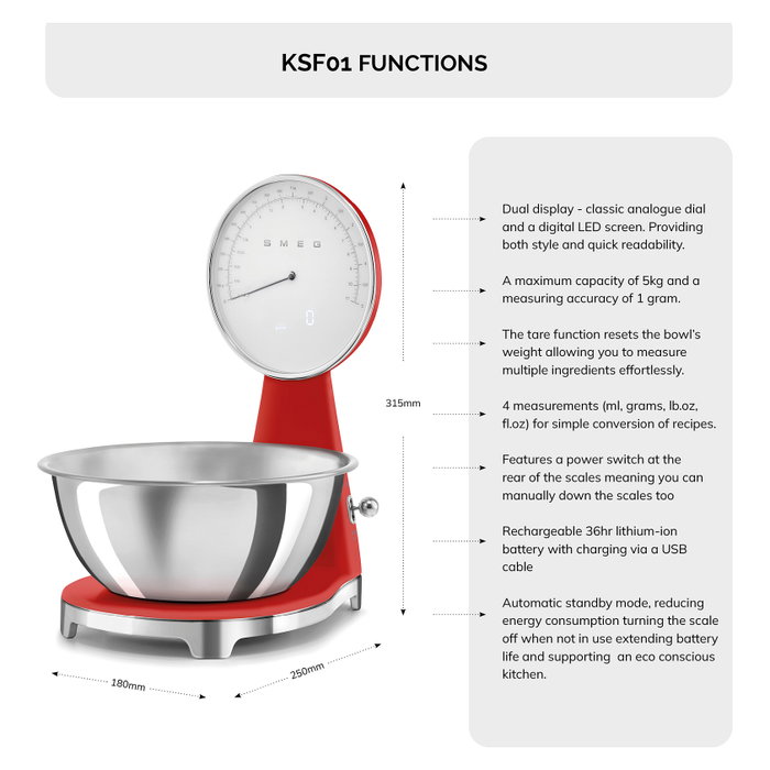 Smeg Báscula de cocina 50's Style Rojo KSF01RDWW Smeg Báscula de cocina 50's Style Rojo KSF01RDWW