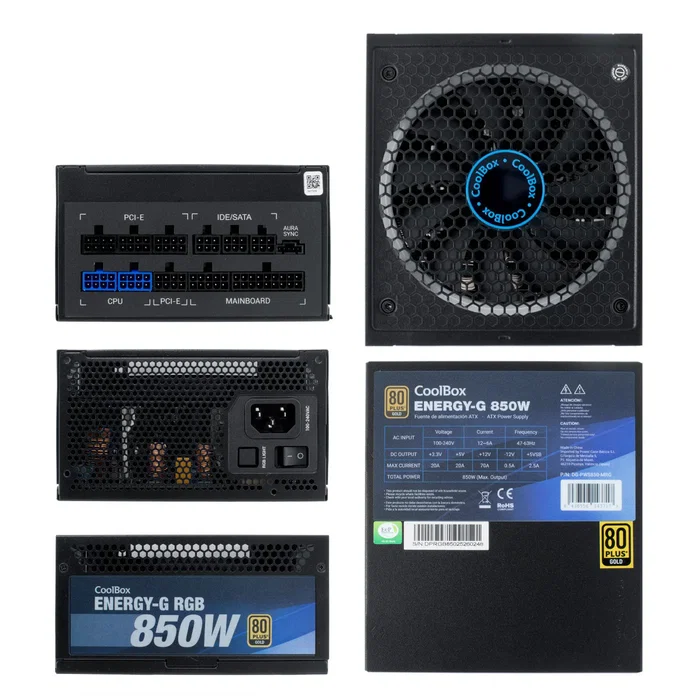 CoolBox Fuente de Alimentación ATX RGB-850 Rainbow 850W 80 Plus Gold Full Modular, Negro, 140mm Ventilador Silencioso, A-RGB
