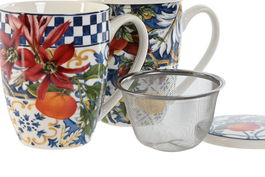 DKD Home Decor Taza Infusiones Moderno Azul Blanco Porcelana Inox 9 x 11 x 12.5 cm 380ml Apto Microondas Lavavajillas (6 Unidades)