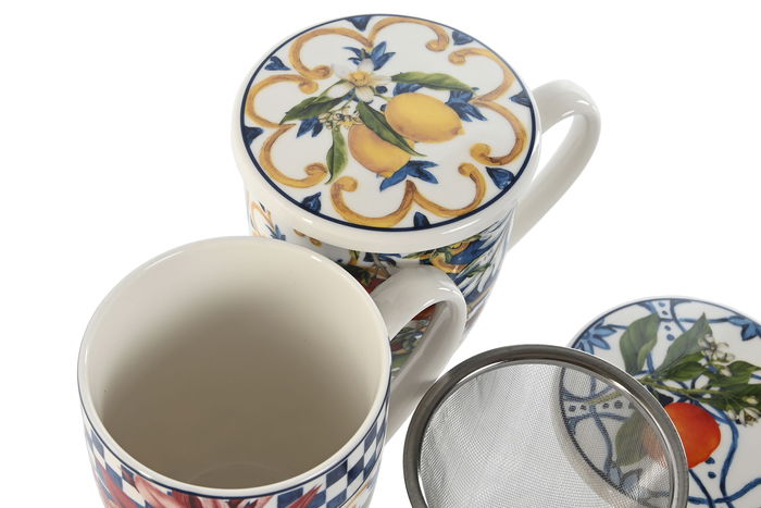 DKD Home Decor Taza Infusiones Moderno Azul Blanco Porcelana Inox 9 x 11 x 12.5 cm 380ml Apto Microondas Lavavajillas (6 Unidades)