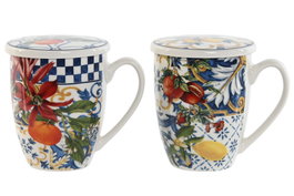 DKD Home Decor Tazas de Porcelana Azulejos Limones 24, 380ml, Pack de 6