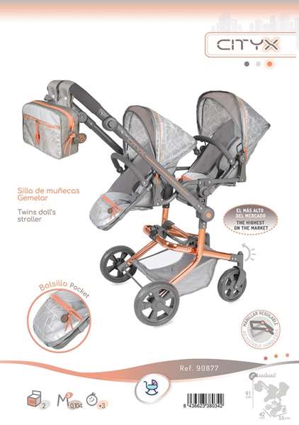 Decuevas Silla Gemelar Plegable City Multiposición para Muñecas hasta 52 cm, Dimensiones 42x55x91 cm