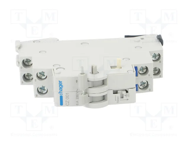 Hager CZ001 Contacto de señal para interruptor diferencial <125A 2 cerrados y 2+ abiertos 6A 240V Hager CZ001 Contacto de señal para interruptor diferencial <125A 2 cerrados y 2+ abiertos 6A 240V