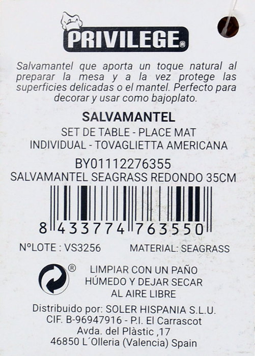 Privilege Salvamantel Redondo de Seagrass de 35 cm (36 Unidades)