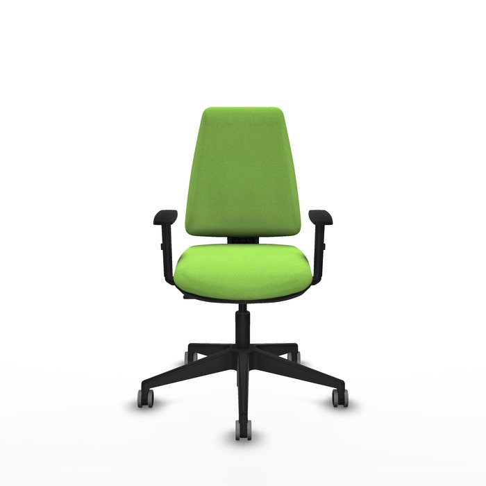 Silla de oficina Elche con mecanismo Contacto permanente básico tapizada con Tela color Pistacho. Equipada con Base piramidal negra, Brazos 1D y Ruedas 65 mm parqué