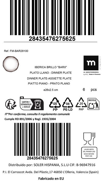 La Mediterranea Plato Llano Barx 26 cm (6 Unidades)