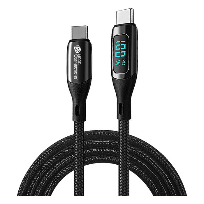 GoodConnections USB-C 2.0 Cable 1m con Pantalla Digital, Textilmantel, 100W, Grafito