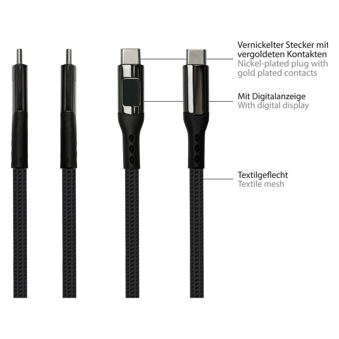 GoodConnections USB-C 2.0 Cable 1m con Pantalla Digital, Textilmantel, 100W, Grafito