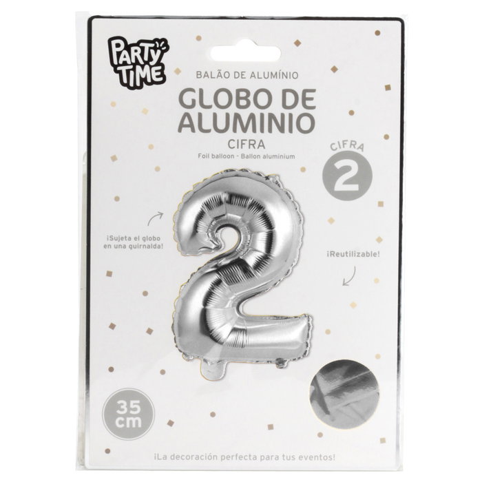 Party Time Globo Cifra 2 Plata Altura 35 cm para Cumpleaños y Aniversarios
