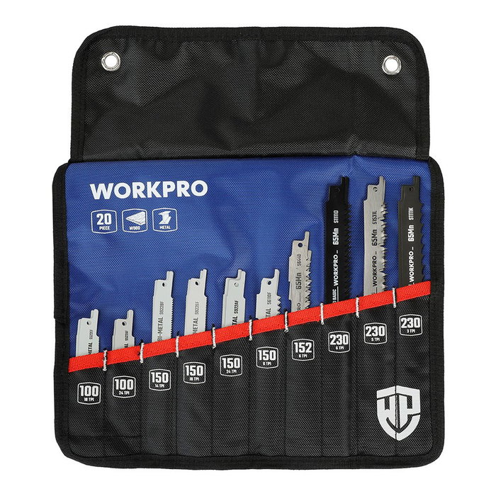 Workpro Juego de 20 Hojas de Sierra Sable Mixtas para Metal, Madera y Poda (100 mm, 150 mm, 152 mm, 230 mm)