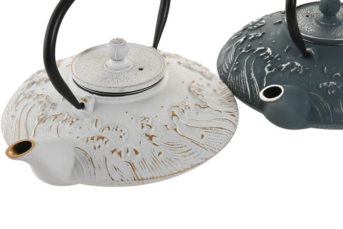 DKD Home Decor Tetera Oriental Azul Blanco Hierro Colado Inox 2 Unidades 14 x 21 x 17.5 cm