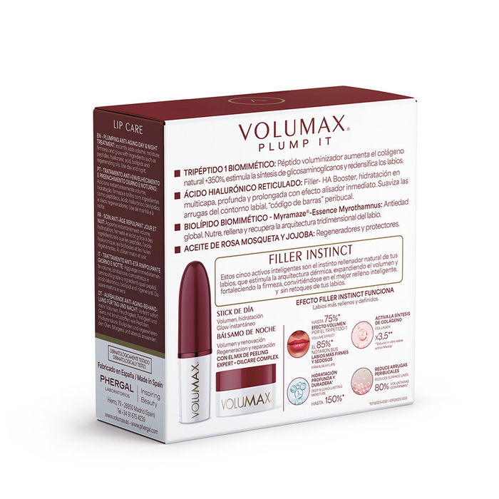 Volumax Plump It Filler Tratamiento Antiedad Estuche 2 pz - Bálsamo y Stick Labial con Ácido Hialurónico y Tripéptido para Volumen