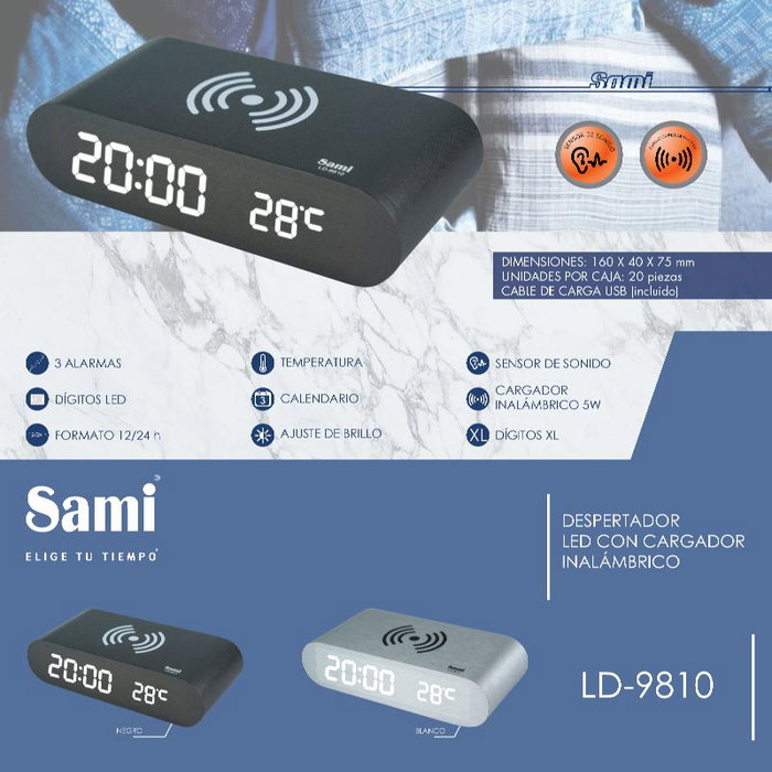 SAMI Despertador LED con Cargador Inalámbrico, Sensor, 5W, Color Plata