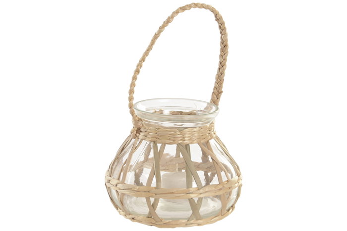 DKD Home Decor Portavelas de Cristal y Mimbre Natural 16x16x12 cm DKD Home Decor Portavelas de Cristal y Mimbre Natural 16x16x12 cm