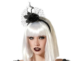 Diadema Tocado de Halloween para Mujer con Lazo Transparente y Rosa Negra Decorativa