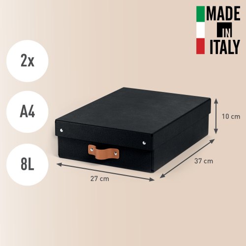 Leitz 61480095 PACK 2 Cajas de Almacenamiento de Cartón Medianas Bajas Color Negro Formato A4 Volumen 8L Tapa Extraíble Asa Transporte FSC