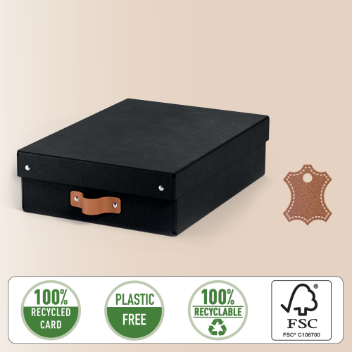 Leitz 61480095 PACK 2 Cajas de Almacenamiento de Cartón Medianas Bajas Color Negro Formato A4 Volumen 8L Tapa Extraíble Asa Transporte FSC