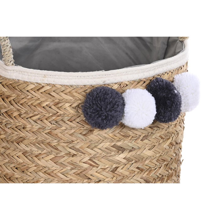 DKD Home Decor Set de 3 Cestas de Fibra y Algodón con Pompón, Natural/Gris/Blanco
