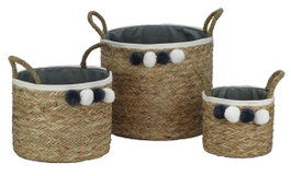 DKD Home Decor Set de 3 Cestas de Fibra y Algodón con Pompón, Natural/Gris/Blanco