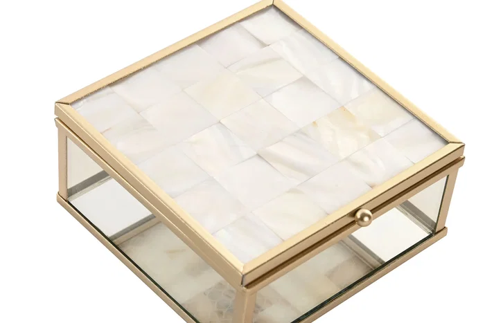 DKD Home Decor Joyero de Cristal y Metal Nácar Blanco