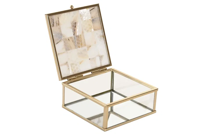 DKD Home Decor Joyero de Cristal y Metal Nácar Blanco