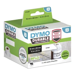 DYMO 2112284 Etiquetas Durable para Impresora LW, Plástico Blanco Autoadhesivo, 2 Rollos de 450 Etiquetas (19x64mm), Permanentes, Resistente a Agua y Abrasión