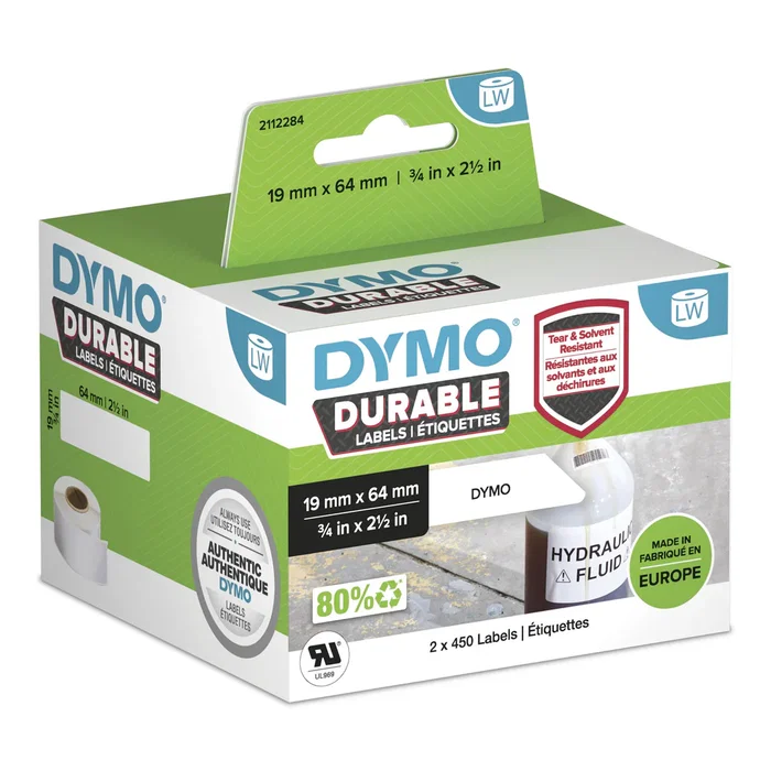 DYMO 2112284 Etiquetas Durable para Impresora LW, Plástico Blanco Autoadhesivo, 2 Rollos de 450 Etiquetas (19x64mm), Permanentes, Resistente a Agua y Abrasión