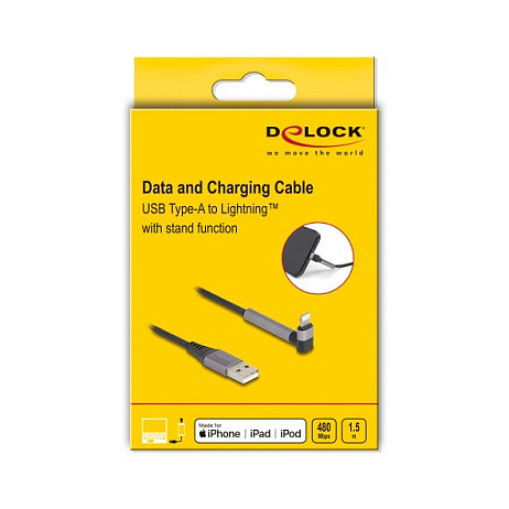 Delock Cable USB A a Lightning MFi 1.5m Negro Gris con Angulo y Funcion Soporte para iPhone iPad iPod