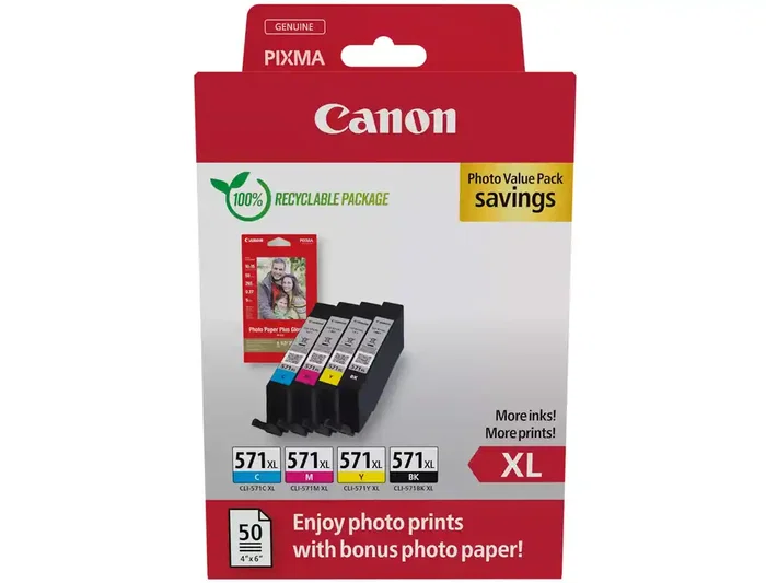 Canon CLI-571XL Multipack Tinta Original 4 Unidades Negro Amarillo Cian Magenta para Pixma MG6852 TS6050 TS8050