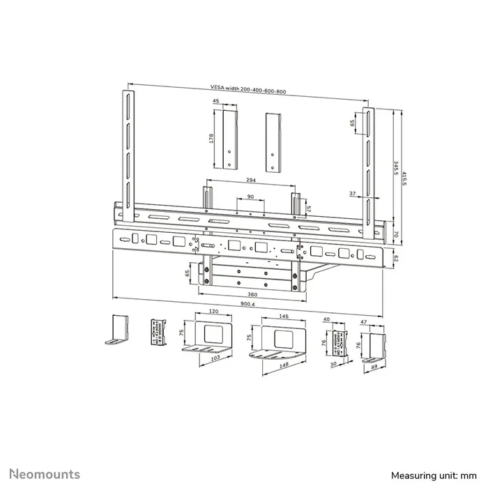 Neomounts AV60-500BL Soporte Kit Barra Videoconferencia y Estante para Portátil Universal, VESA 200x200 a 800x600 mm, Peso Máx. 8 kg, para Pantallas de 43" a 110"