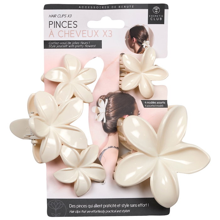 Cosmetic Club Juego de 3 Pinzas para el Pelo Modelos Surtidos Flor Botón Crema, Marrón, Hibiscus Rosa Palo