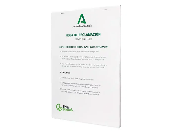 Liderpapel Libro de Hojas de Reclamaciones Oficiales Junta de Andalucía, Formato DIN A4, 24 Juegos Originales + 2 Copias