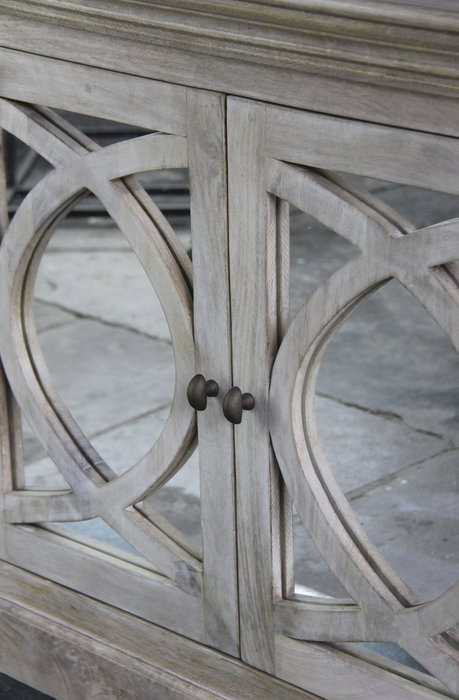 DKD Home Decor Buffet Toscana 45 x 90 x 200 cm Blanco Natural Madera Maciza Mango Espejo Hecho a Mano 4 Puertas 2 Estanterias
