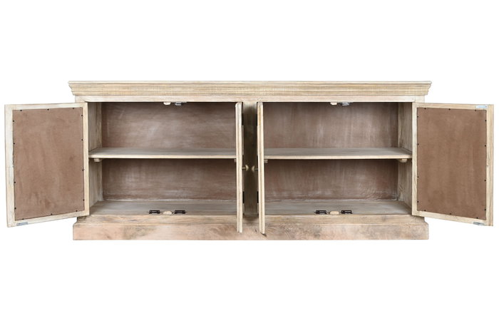 DKD Home Decor Buffet Toscana 45 x 90 x 200 cm Blanco Natural Madera Maciza Mango Espejo Hecho a Mano 4 Puertas 2 Estanterias