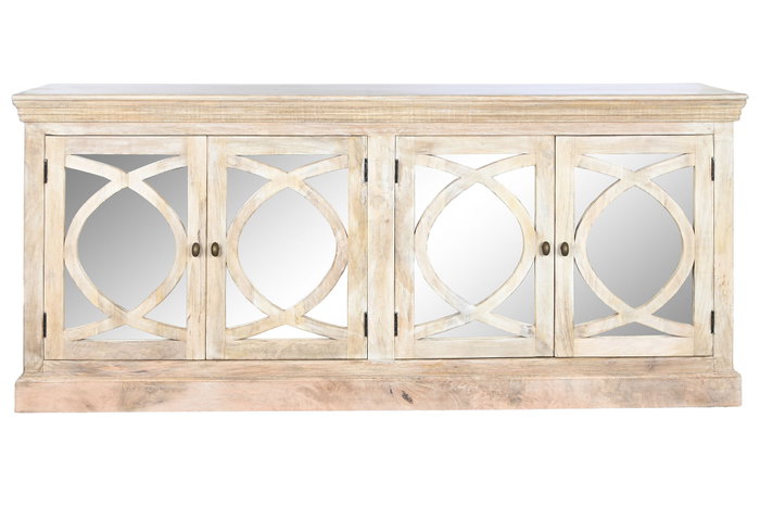 DKD Home Decor Buffet Toscana 45 x 90 x 200 cm Blanco Natural Madera Maciza Mango Espejo Hecho a Mano 4 Puertas 2 Estanterias