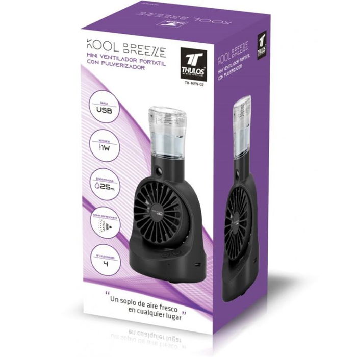 Thulos Kool Breeze TH-MFN-02 Ventilador Portátil con Nebulizador, Mini USB, 4 Velocidades, 25ml Depósito Agua, Negro