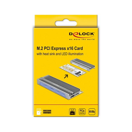 DeLOCK Adaptador PCIe a NVMe M.2 con Iluminación LED, Tarjeta PCI Express x16 (x4/x8) a 1 x M.2 Key M, Enfriamiento Pasivo, Gris, 44 mm