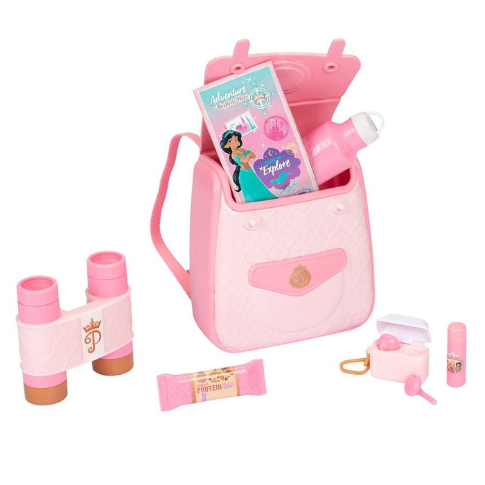 JAKKS PACIFIC Mochila Viaje Princesas Disney con Prismáticos, Auriculares, Botella y Bálsamo Labial de Juguete