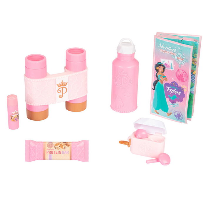 JAKKS PACIFIC Mochila Viaje Princesas Disney con Prismáticos, Auriculares, Botella y Bálsamo Labial de Juguete