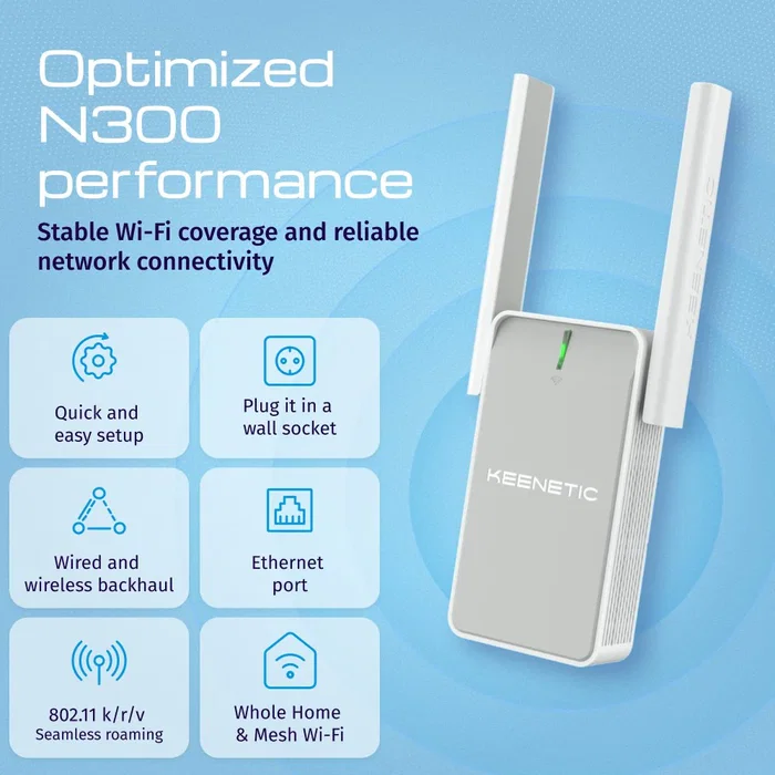 Keenetic Buddy 4 (KN-3211) Repetidor Wi-Fi Mesh N300 Amplificador de Cobertura 300 Mbps, Blanco y Gris