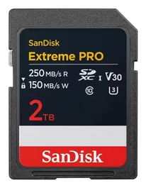 SanDisk Tarjeta de Memoria Extreme PRO SDXC UHS-I 2 TB Clase 10 V30 U3, 250 MB/s Lectura, 150 MB/s Escritura, Resistente al Agua, Golpes, Rayos X y Temperatura