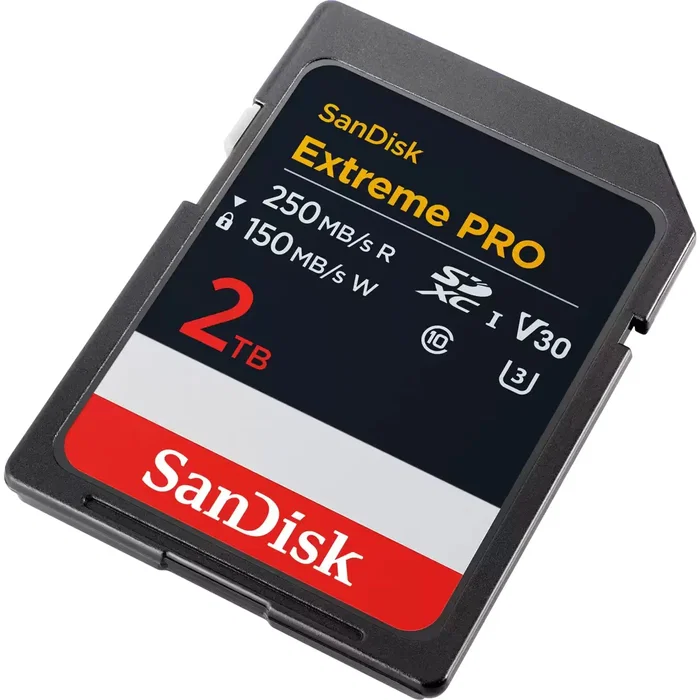SanDisk Tarjeta de Memoria Extreme PRO SDXC UHS-I 2 TB Clase 10 V30 U3, 250 MB/s Lectura, 150 MB/s Escritura, Resistente al Agua, Golpes, Rayos X y Temperatura