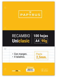 Recambio Papyrus Uniclasic A4 100H 90G 4 Taladros Pauta 2.5 C/Margen (Set de 24)