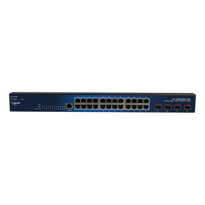 ALLNET ALL-SG8428M-10G Switch Gestionado Layer 2, 24 Puertos Gigabit Ethernet, 4 Puertos SFP+ 10G, 128 Gbit/s, Sin Ventilador, Montaje Rack